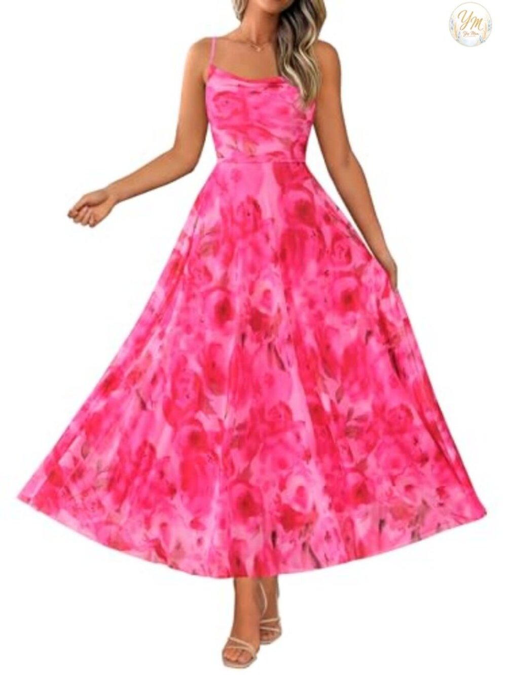 Women's Floral Maxi Dress Sleeveless Cowl Neck A-Line Summer Beach Party